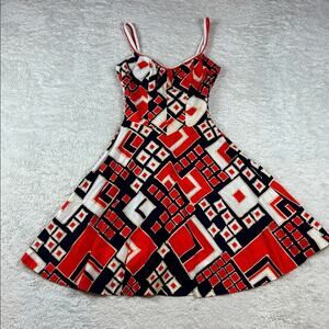 Vintage 70s Deweese Design geometric print smocked fit and flare dress, small